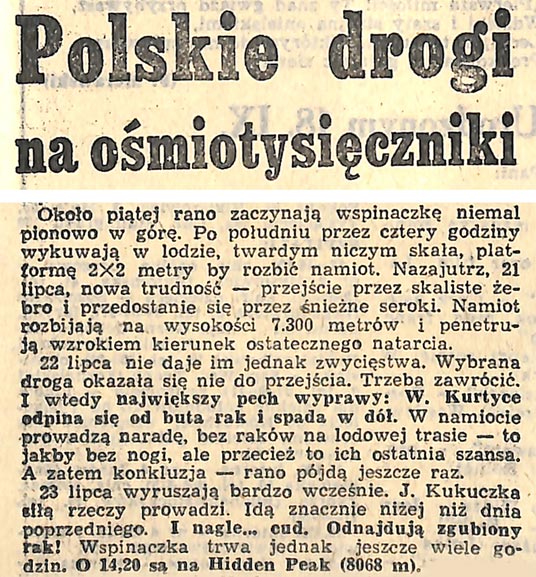 Fragment artykułu Zbigniewa Szandara na temat wspinaczki na Gasherbrum I. Dziennik Zachodni, 1983r.