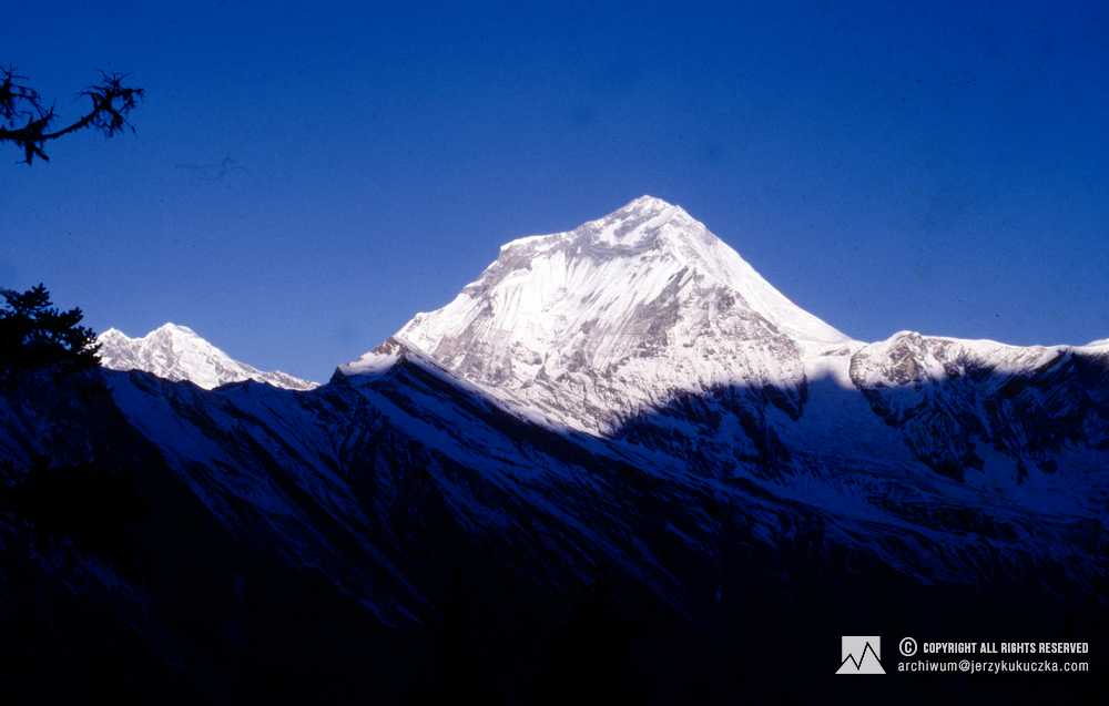 Masyw Dhaulagiri mijany przez uczestników wyprawy w trakcie karawany do bazy pod Annapurną.
