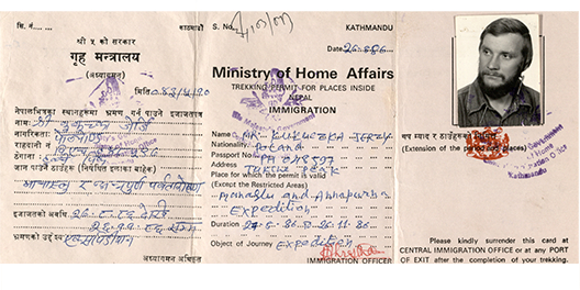Pozwolenie na Manaslu i Annapurnę, które wygasło 26 listopada 1986