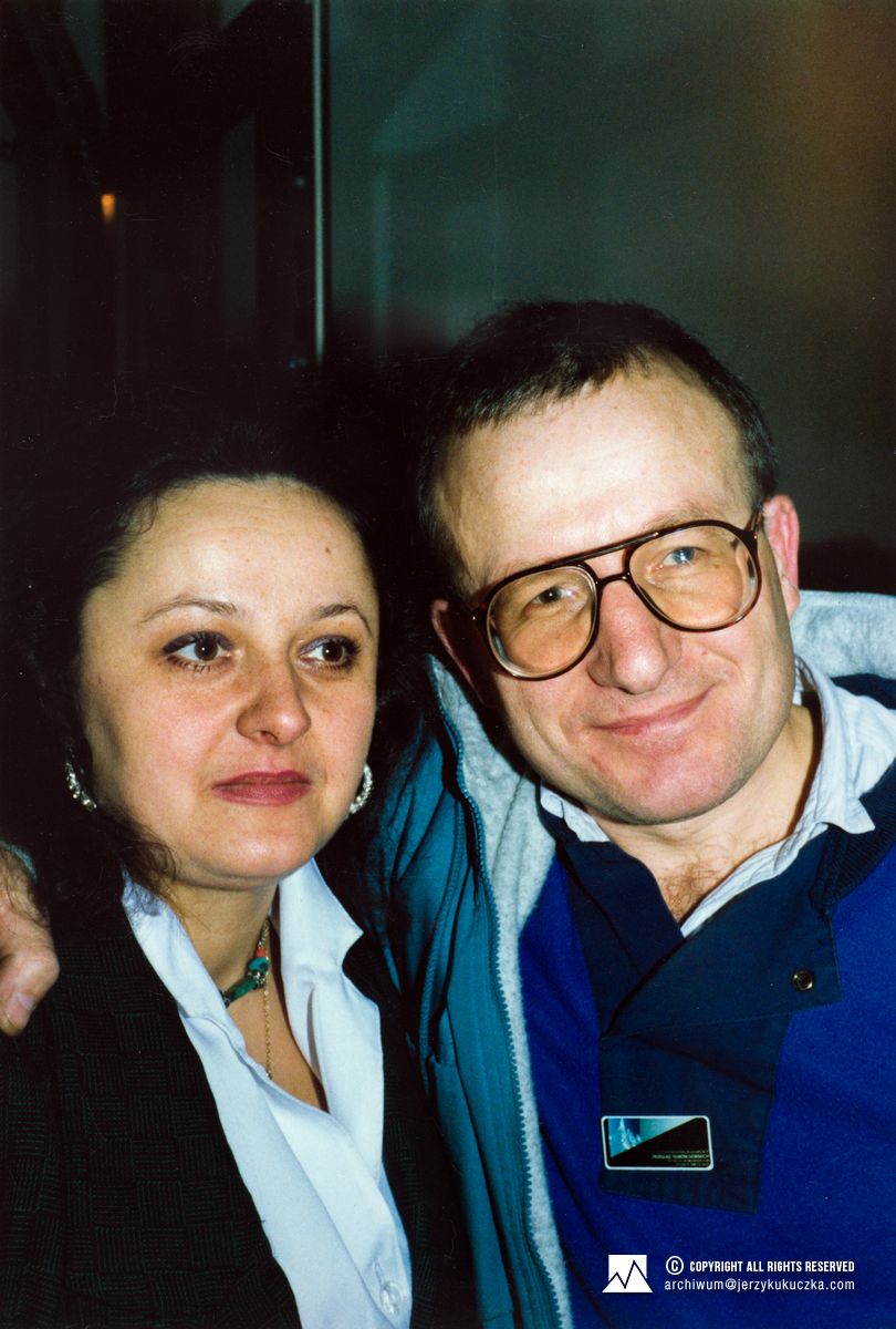 Przegląd Filmów Górskich w Katowicach. Luty 1988. Od lewej: Cecylia Kukuczka i Edward Westerlund.