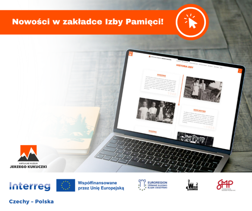 Grafika przedstawia laptopa, na którego ekranie widniej fragment zakładki Izba Pamięci na stronie Wirtualnego Muzeum Jerzego Kukuczki