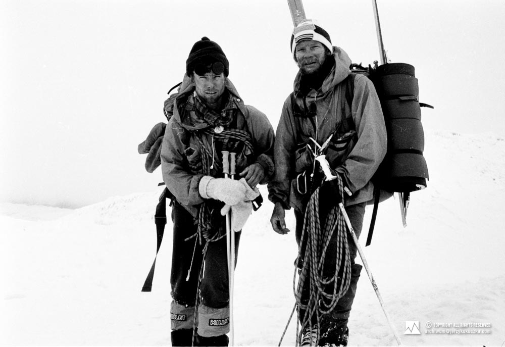 Participants of the expedition in the base camp after reaching the Gasherbrum II summit. From the left: Wojciech Kurtyka and Jerzy Kukuczka.
