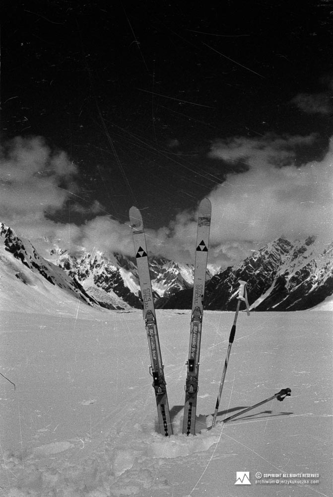 Jerzy Kukuczka's skis on the Abruzzi glacier.