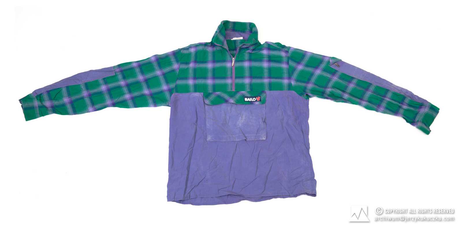 Koszula firmy Bailo. Fioletowa z zielono-fioletową kratą, z długim rękawem. Lata 70-80 XX w.