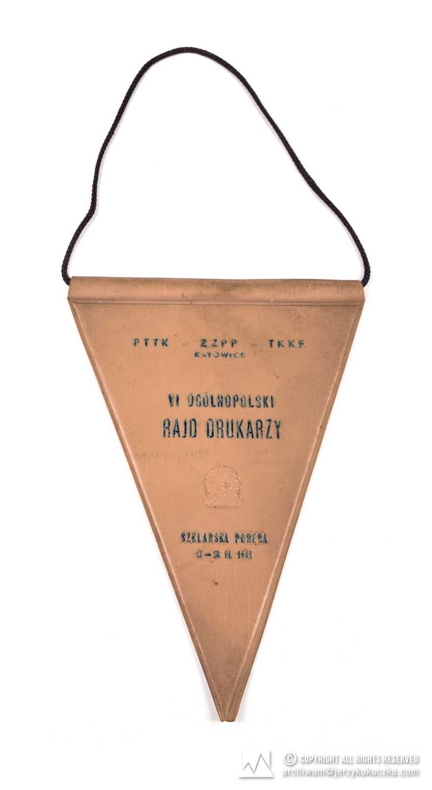 proporczyk VI Rajdu Drukarzy trójkątny, nielaminowany, plastikowy 1965