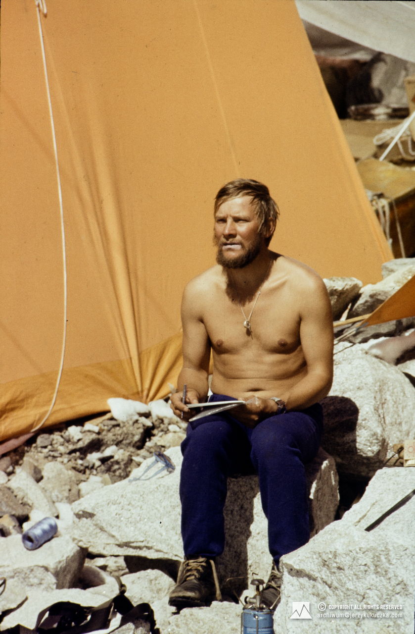Jerzy Kukuczka at the base camp.