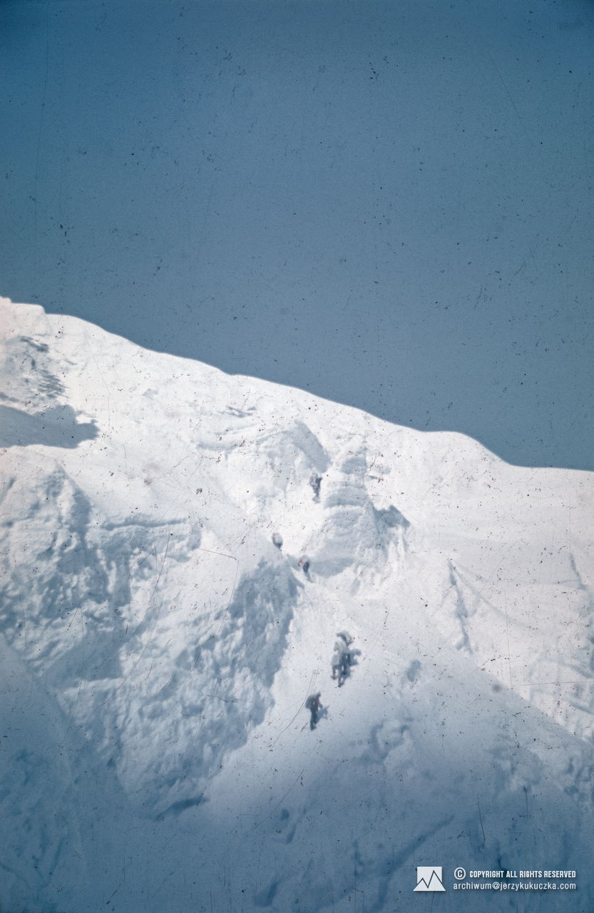 Participants of the expedition while climbing in the Khumbu Icefall.