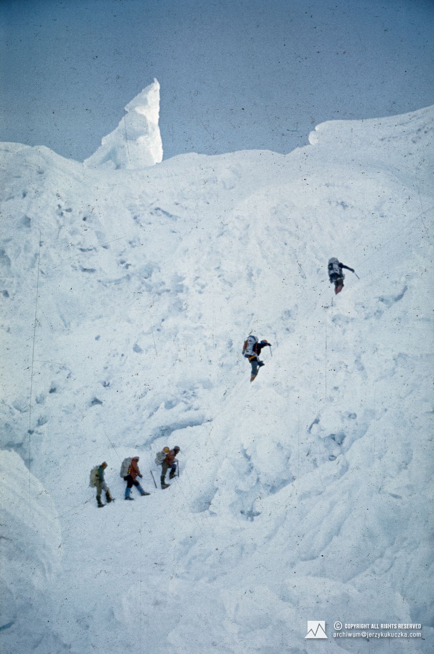 Participant of the expedition while climbing in the Khumbu Icefall.