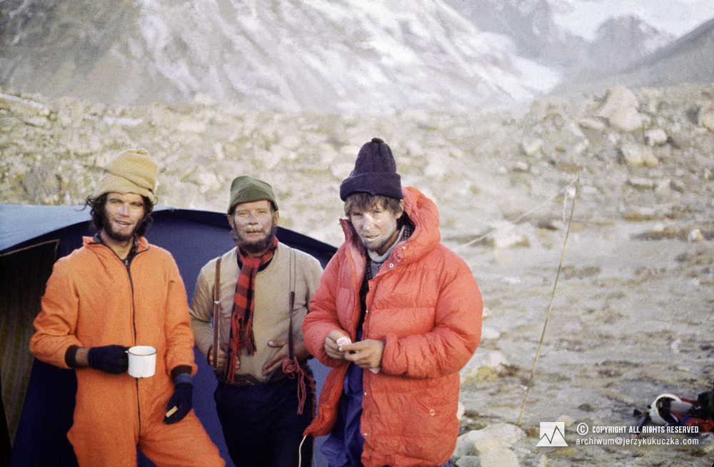 Participants of the expedition at the base. From the left: Alex MacIntyre, Jerzy Kukuczka and Wojciech Kurtyka.