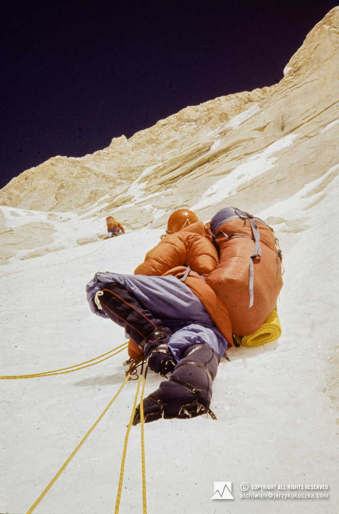Participants of the expedition while climbing. Wojciech Kurtyka is leading, followed by Alex MacIntyre.