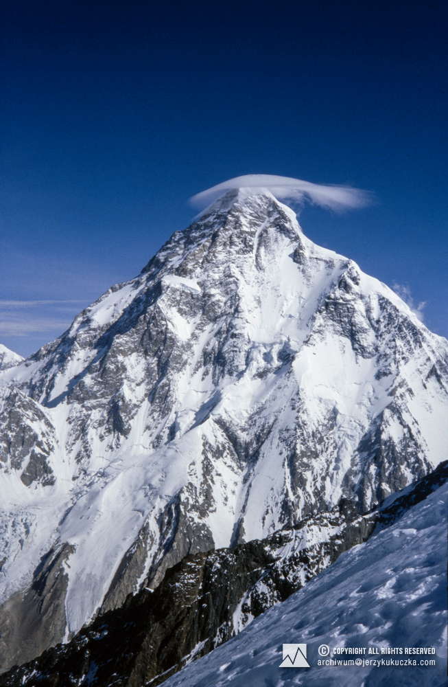 K2 (8,611 m above sea level) seen from the Broad Peak slope.