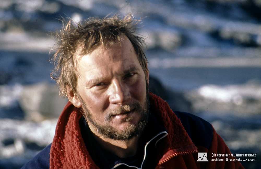 Jerzy Kukuczka at the base camp after reaching the summit.