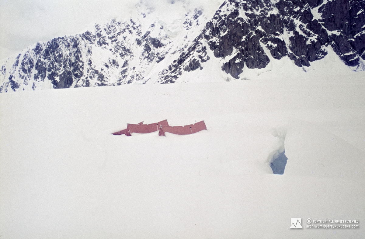 The snow-covered base of the expedition on the Kahiltna Glacier.