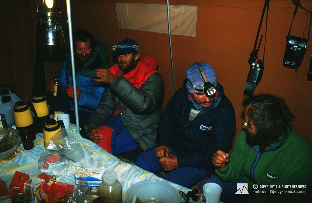 Participants of the expedition at the base. From the right: Ryszard Warecki, Lech Korniszewski, Phil Butler and Henry Todd.