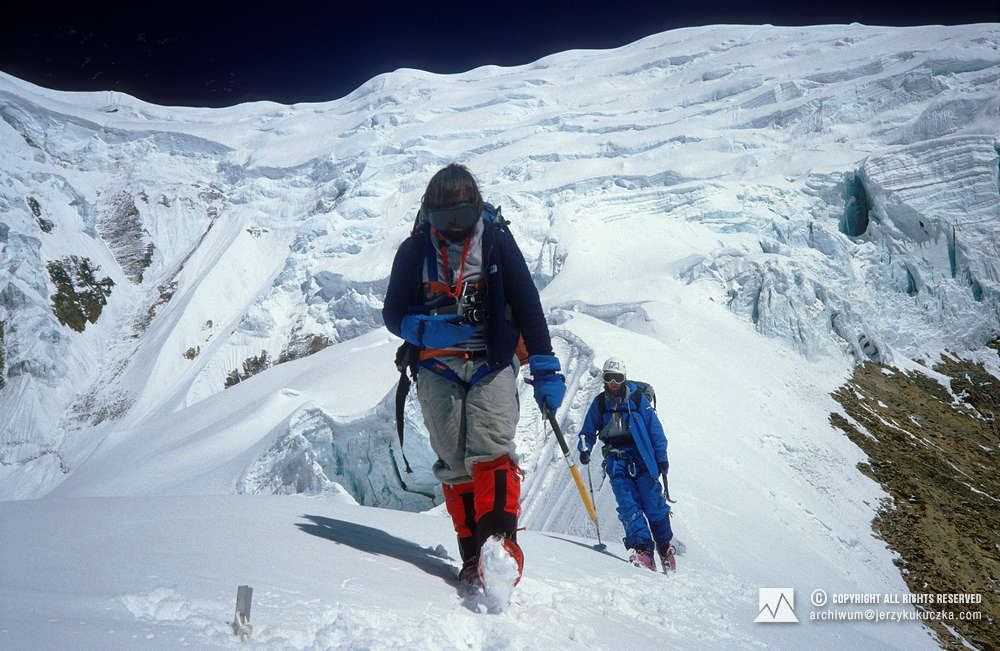Climbers on the slope of Annapurna. Ryszard Warecki is leading, followed by Artur Hajzer.