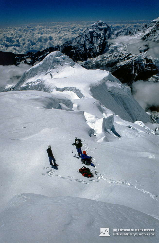 Climbers on the slope of Annapurna. From the left: Janusz Majer, Artur Hajzer and Ryszard Warecki (red cap).