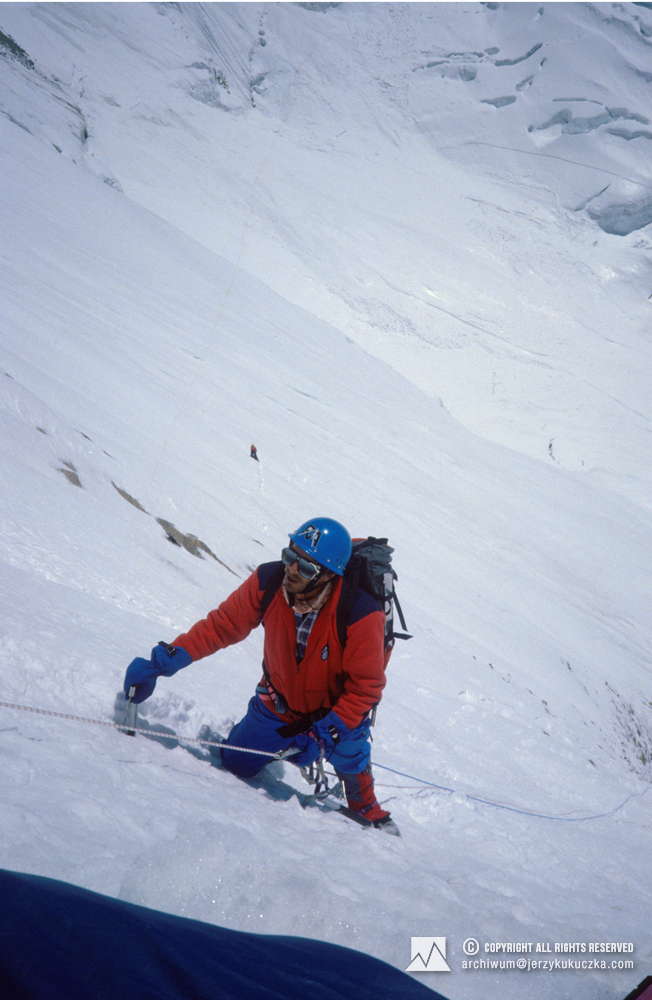 Ramiro Navarrete in the wall of Annapurna. Steve Untch visible in the distance.