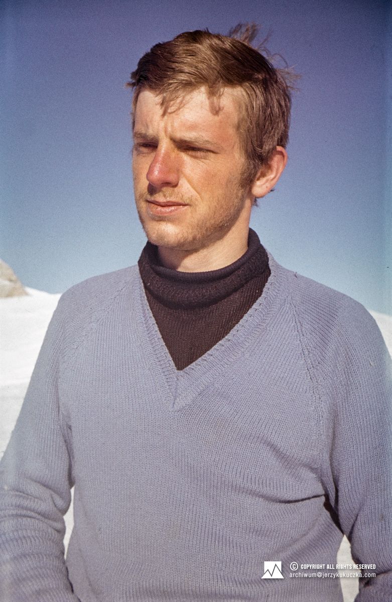 Janusz Skorek on the summit ridge after passing the Via dell'Ideale route on the southern wall of the Marmolada massif - March 23, 1973.