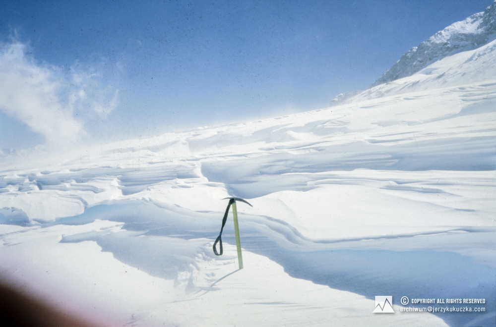 Jerzy Kukuczka's ice ax on the Makalu slope.