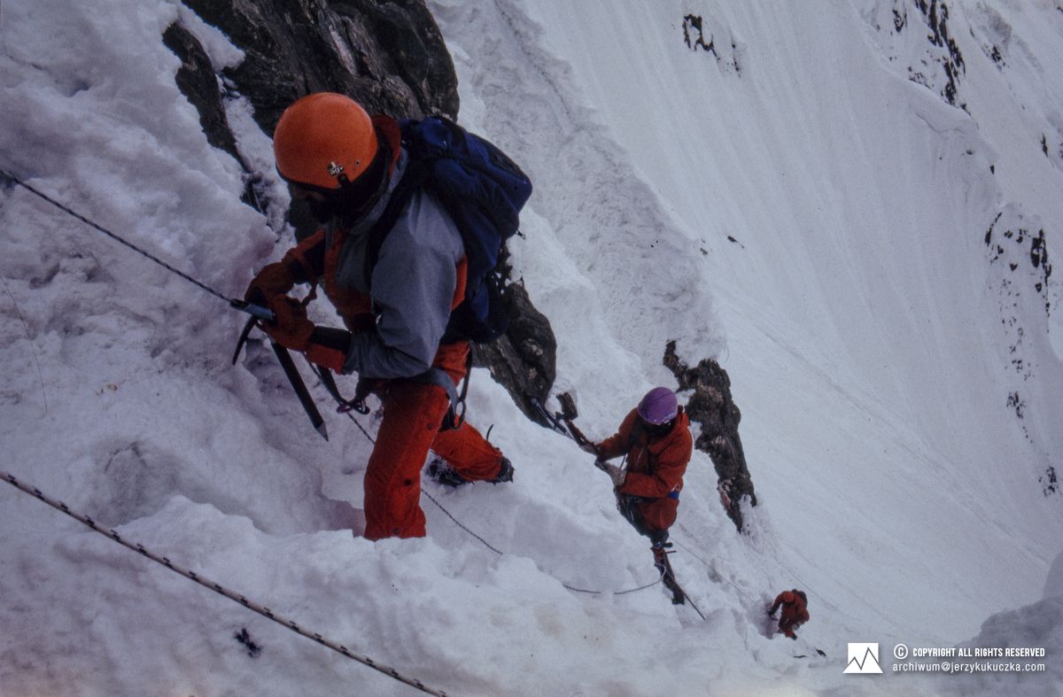 Participants of the expedition climbing the couloir above Camp I. Led by Paweł Mularz followed by: Andrzej Zygmunt Heinrich and Tadeusz Piotrowski.