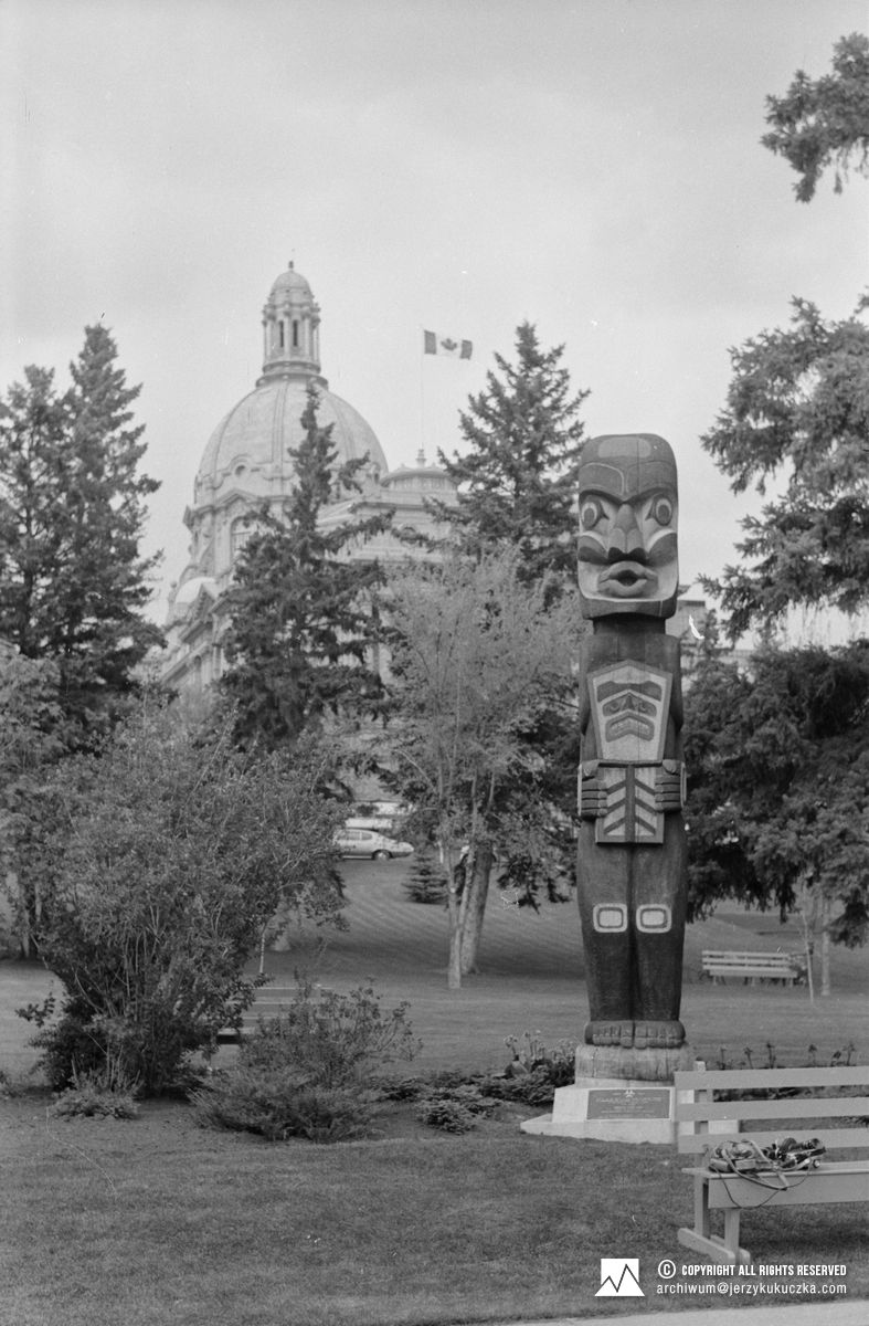 Indian totem in front of the Alberta Legislature Building in Edmonton.