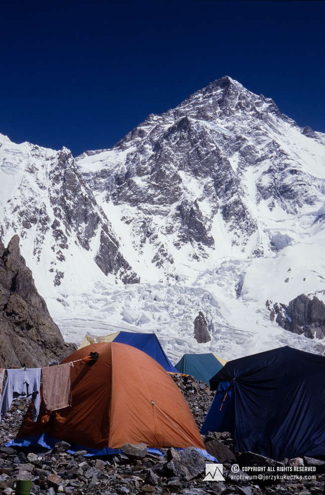 Expedition base. In the background K2 (8611 m above sea level) is visible.