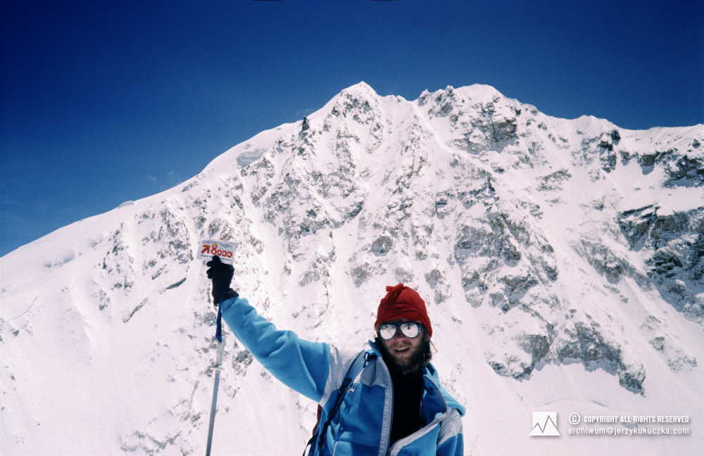 Artur Hajzer on the top of Yebokangyal Ri (7365 m above sea level). Shisha Pangma's wall is visible in the background.