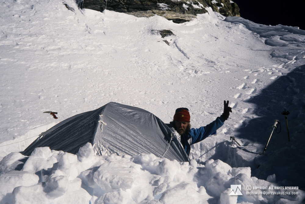 Artur Hajzer in a camp on the slope of Shisha Pangma.