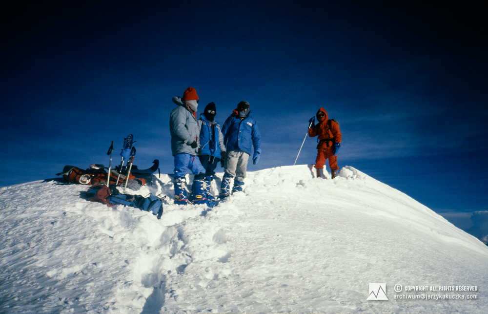 Participants of the expedition at the top of Shisha Pangma. From left: Carlos Carsolio, Elsa Avila, Ryszard Warecki and Ramiro Navarrete.