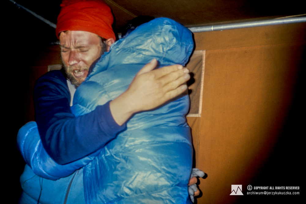 Participants of the expedition at the base after reaching the Shisha Pangma summit. From left: Artur Hajzer and Carlos Carsolio.