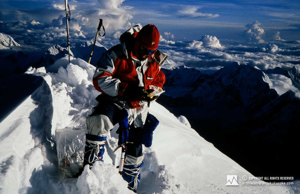 Jerzy Kukuczka on the top of Shisha Pangma (8013 m above sea level) - September 18, 1987.