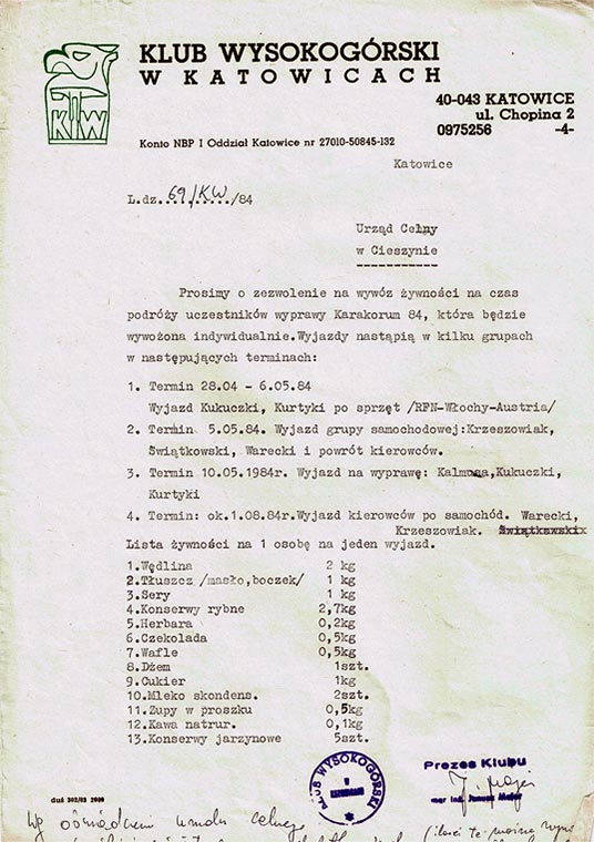 La organización de la expedición requería muchos permisos y trámites formales. Aquí, una carta del Club de Alta Montaña de Katowice solicitando permiso para exportar alimentos al extranjero durante la expedición.