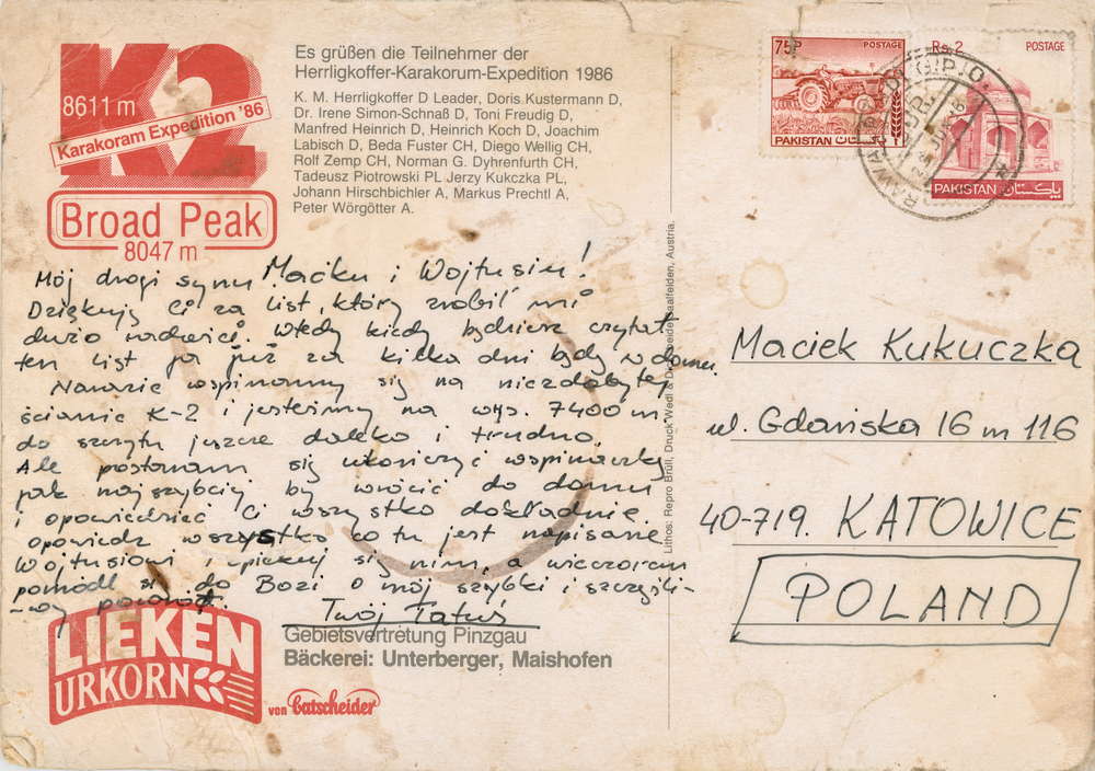 Pocztówka z K2 adresowana do synów Jerzego Kukuczki - Maćka i Wojtka.